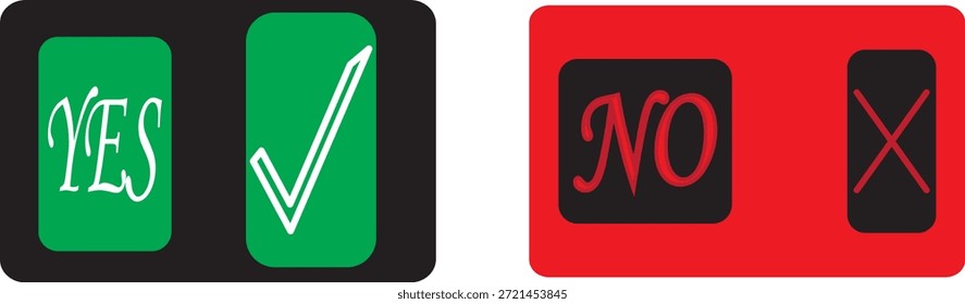 marca de seleção sim e sem símbolos cruzados. Ícone Sim Não.  Ícone verde sim. Vermelho sem ícone. Conjunto de sinais verde on