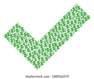 Yes collage of dollars and round dots. Vector dollar currency pictograms are combined into yes composition.