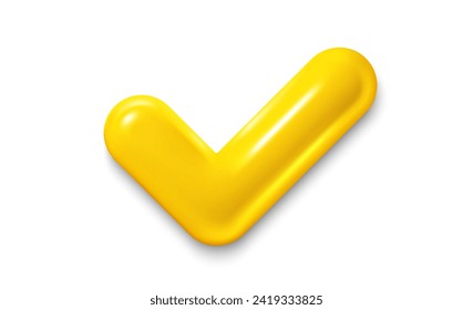 Yes or correct sign 3d illustration. Realistic checkmark icon. Interface check button, correct mark. Approval tick, checkmark and success check. Right choice yellow icon. Vector illustration