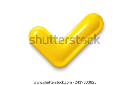 Yes or correct sign 3d illustration. Realistic checkmark icon. Interface check button, correct mark. Approval tick, checkmark and success check. Right choice yellow icon. Vector illustration