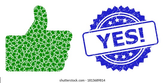 Yes! corroded seal imitation and vector recursive collage thumb up. Blue stamp seal contains Yes! tag inside rosette. Vector collage is made from recursive rotated thumb up icons.