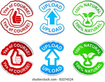 "Yes of course", "upload", "100% natural"  vector stickers.