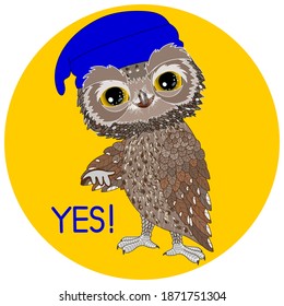 yes emoticon, funny owl in blue cap, cartoon character, yellow circle vector icon on white isolated background