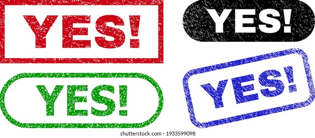 YES Exclamation. grunge watermarks. Flat vector grunge seals with YES Exclamation. tag inside different rectangle and rounded frames, in blue, red, green, black color variants. Watermarks with