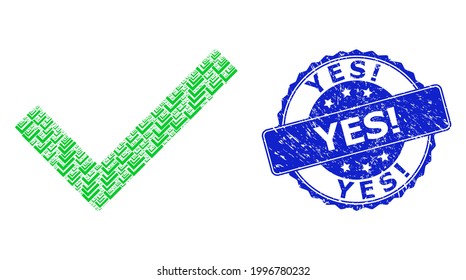 Sí Exclamación rayada marca de redondeo y collage recursivo vector sí tictac. El sello azul contiene el título Sí Exclamación dentro de la forma redonda. El collage vectorial se forma a partir de elementos de marca sí aleatorizados.
