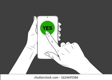 YES. female hands hold a smartphone, finger points. eps10 vector stock  illustration