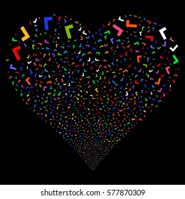 Yes fireworks with heart shape. Vector illustration style is flat bright multicolored iconic symbols on a black background. Object valentine heart done from random pictograms.