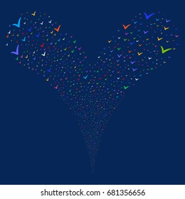 Yes fireworks stream. Vector illustration style is flat bright multicolored iconic yes symbols on a blue background. Object fountain done from random design elements.