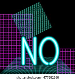 "Yes", Geometric retro 80`s and webpunk style, abstract shapes and neon letter on a black background. Pattern for poster, card, calendar. Corporate design, advertising, web layouts. EPS 8 vector.