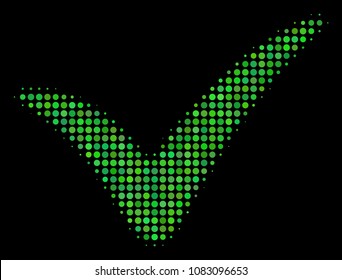 Yes halftone vector icon. Illustration style is dot iconic yes symbol on a black background. Halftone matrix is constructed of spheric elements.