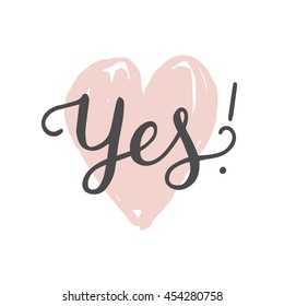 Yes! Han drawn letters and heart isolated on white background. Wedding illustration