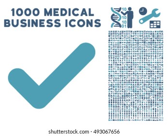 Yes icon with 1000 medical business cyan and blue vector pictograms. Collection style is flat bicolor symbols, white background.