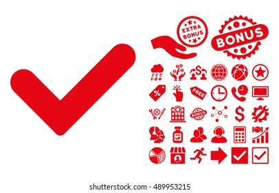 Yes icon with bonus pictogram. Vector illustration style is flat iconic symbols, red color, white background.