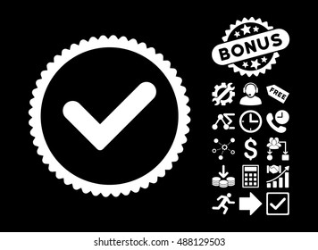 Yes icon with bonus pictograph collection. Vector illustration style is flat iconic symbols, white color, black background.