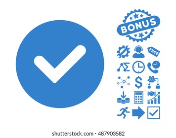 Yes icon with bonus icon set. Vector illustration style is flat iconic symbols, cobalt color, white background.
