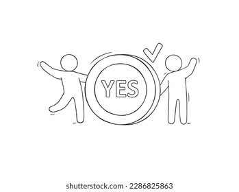 Yes icon with check mark. Concept of vote, poll, correct answer, accept decision, vector hand drawn illustration with doodle people and circle button