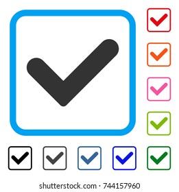 Yes icon. Flat gray pictogram symbol inside a blue rounded squared frame. Black, gray, green, blue, red, orange color variants of Yes vector. Designed for web and app UI.