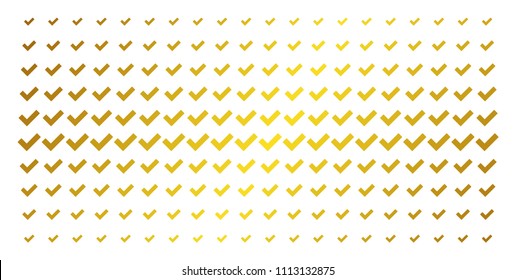Yes icon golden halftone pattern. Vector yes items are arranged into halftone grid with inclined golden gradient. Designed for backgrounds, covers, templates and abstract compositions.