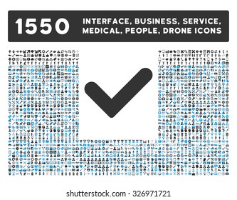 Yes icon and other web interface, business, tools, people, medical service and awards vector symbols. Style is bicolor flat symbols, blue and gray colors, rounded angles, white background.