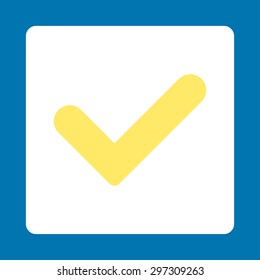 Yes icon from Primitive Buttons OverColor Set. This rounded square flat button is drawn with yellow and white colors on a blue background.