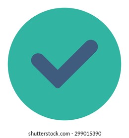 Yes icon from Primitive Round Buttons OverColor Set. This round flat button is drawn with cobalt and cyan colors on a white background.