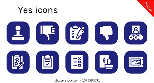 yes icon set. 10 filled yes icons.  Simple modern icons about  - Stamp, Thumbs down, Clipboard, Dislike, Tasks, List