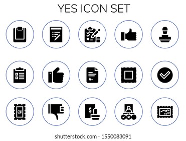 yes icon set. 15 filled yes icons.  Simple modern icons about  - Clipboard, Checklist, List, Thumbs up, Test, Exam, Thumb up, Stamp, Check, Thumbs down, Tasks