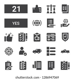 yes icon set. Collection of 21 filled yes icons included Check list, Tasks, List, Clipboard, x, Check, Internet, Verified, Thumbs up, Exam, Test