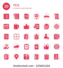 yes icon set. Collection of 30 filled yes icons included List, Tasks, Check list, Internet, x, Clipboard, Thumbs up, Checklist, No border, Check, Test, Favourite, Check in, Exam