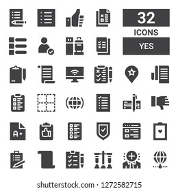 yes icon set. Collection of 32 filled yes icons included Internet, Positive, Test, Check list, List, Verified, Clipboard, Exam, Dislike, Check, No border, Favourite, Check in