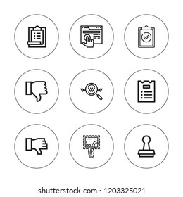 Yes icon set. collection of 9 outline yes icons with clipboard, dislike, internet, list, stamp, testing icons. editable icons.