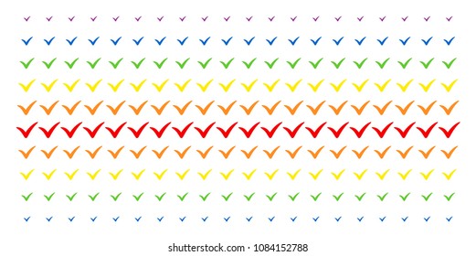 Yes icon spectral halftone pattern. Vector items organized into halftone grid with vertical spectrum gradient. Designed for backgrounds, covers, templates and abstract compositions.