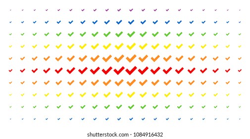 Yes icon spectrum halftone pattern. Vector yes objects are organized into halftone matrix with vertical rainbow colors gradient. Designed for backgrounds, covers, templates and abstraction concepts.