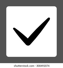 Yes icon. This flat rounded square button uses black and white colors and isolated on a gray background.