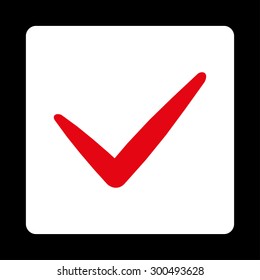 Yes icon. This flat rounded square button uses red and white colors and isolated on a black background.