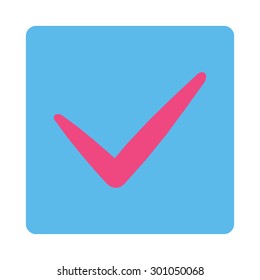 Yes icon. This flat rounded square button uses pink and blue colors and isolated on a white background.