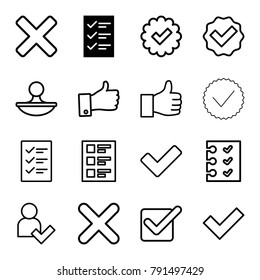 Yes icons. set of 16 editable outline yes icons such as checklist, tick, stamp, cross, thumb up, add user