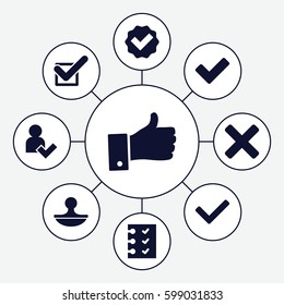 yes icons set. Set of 9 yes filled icons such as tick, checklist, stamp, thumb up, add user