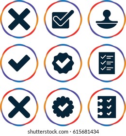 Yes icons set. set of 9 yes filled icons such as tick, checklist, stamp