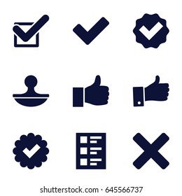 Yes icons set. set of 9 yes filled icons such as tick, checklist, stamp, thumb up, cross