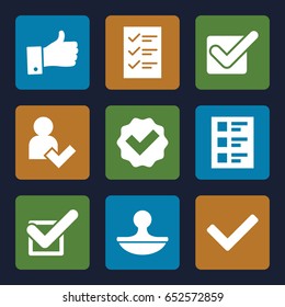 Yes icons set. set of 9 yes filled icons such as checklist, stamp, tick, thumb up
