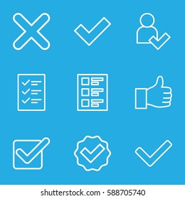 yes icons set. Set of 9 yes outline icons such as checklist, cross, add user, tick
