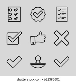 Yes icons set. set of 9 yes outline icons such as tick, checklist, stamp, thumb up