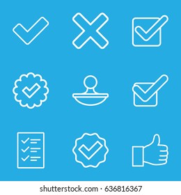 Yes icons set. set of 9 yes outline icons such as tick, stamp, checklist, cross