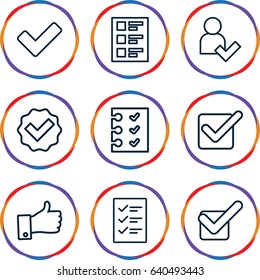 Yes icons set. set of 9 yes outline icons such as tick, checklist, thumb up