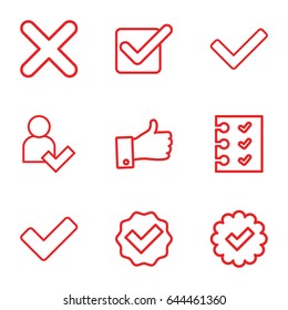 Yes icons set. set of 9 yes outline icons such as tick, checklist, cross, thumb up
