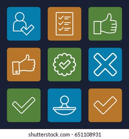 Yes icons set. set of 9 yes outline icons such as tick, stamp, thumb up, add user, checklist, cross
