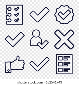 Yes icons set. set of 9 yes outline icons such as tick, checklist, thumb up, add user