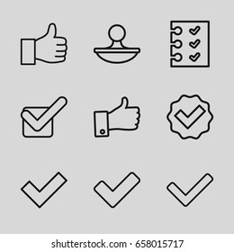 Yes icons set. set of 9 yes outline icons such as tick, checklist, stamp, thumb up