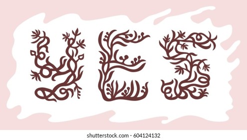 yes letters with leaves and tree branches ornament. red symbols hand drawn illustration. Vector design.
